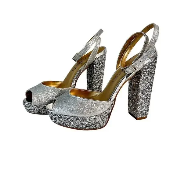 Badgley Mischka 7.5 Zale Open Toe Platform Block Heel Glitter Adjustable Buckle - Picture 4 of 9